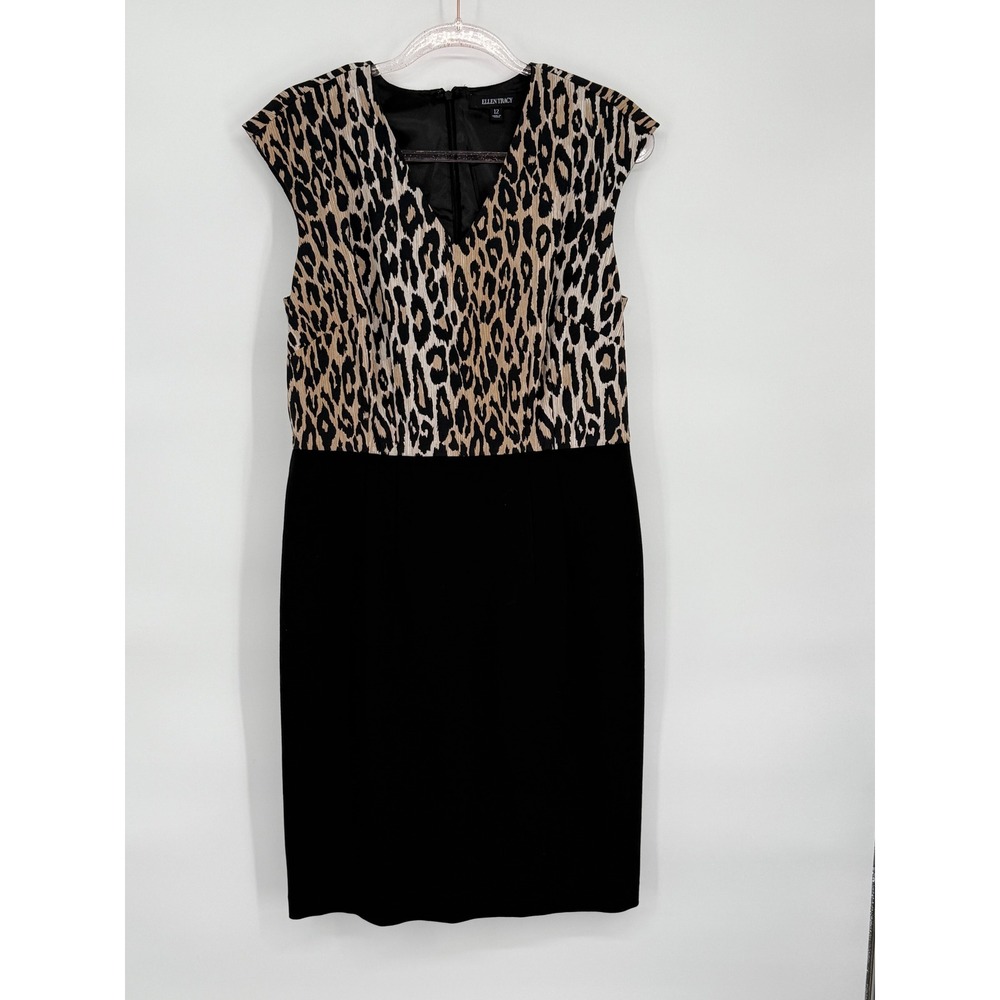 Ellen Tracy Women's Size 12 Sheath Dress Black Leopard Print Career